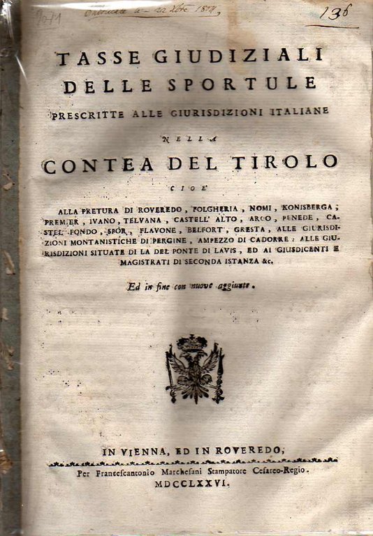 Tasse giudiziali delle sportule prescritte alle giurisdizioni italiane nella Contea …