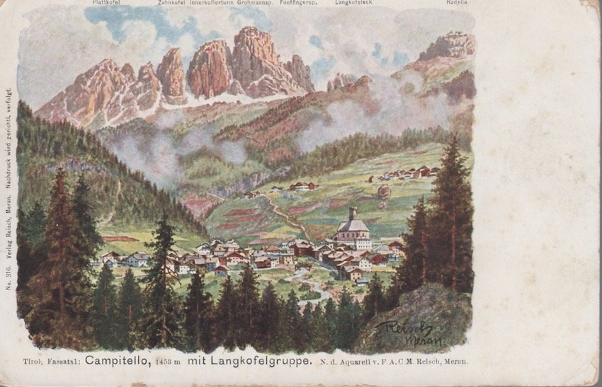 Tirol, Fassatal: Campitello, 1453 m. mit Langkofelgruppe.