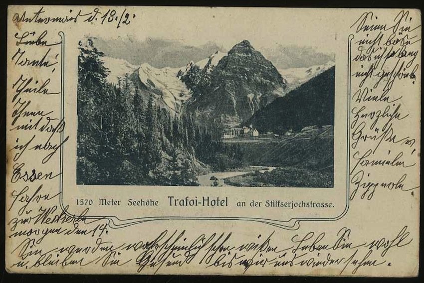 Trafoi-Hotel an der Stilfserjochstrasse. 1570 Meter Seehöhe.