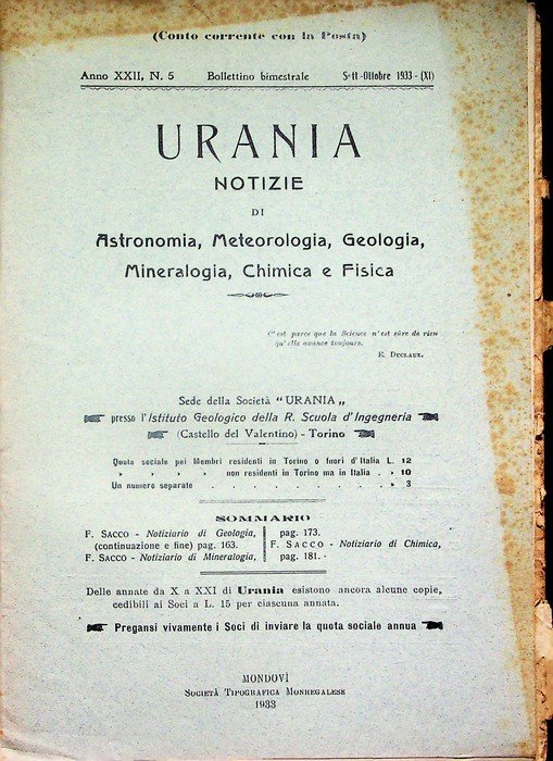 Urania: notizie di astronomia, meteorologia, geologia, mineralogia, chimica, fisica: A.XX(1931), N.5; A.XXI(1932), N.1,2,3; A.XXII(1933), N.1,2,3,4,6; A.XXIII, N.2,5;