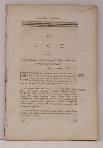 An Act for Inclosing Lands in the Township of Hockwold-cum-Wilton. …