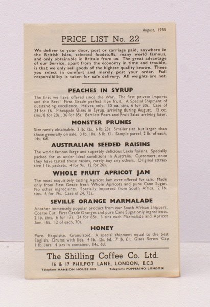 Price List No. 22. August 1955. LEAFLET IN FINE CONDITION