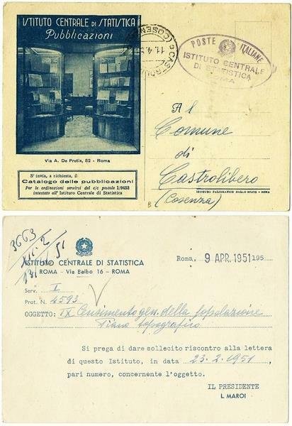 Cartolina ISTITUTO CENTRALE DI STATISTICA di ROMA - PUBBLICAZIONI, 1951