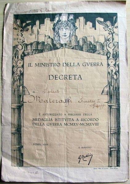 Decreto per Medaglia ricordo - 1921 - Duilio CAMBELLOTTI