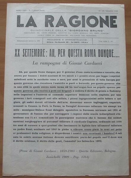 La Ragione. Quindicinale Della \Giordano Bruno" Associazione Del Libero Pensiero. …