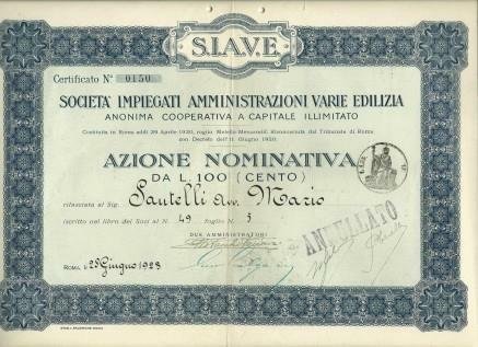 Azione Nominativa S.I.A.V.E. Società Impiegati Amministrazione Varie Edilizia