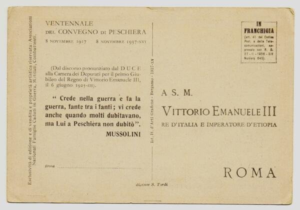 Cartolina VENTENNALE CONVEGNO PESCHIERA Mussolini e Vittorio Emanuele III