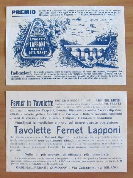 TAVOLETTE FERNET LAPPONI Concorso PREMIO - Pubblicitario anni 30 originale