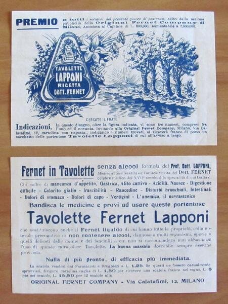 TAVOLETTE FERNET LAPPONI Concorso PREMIO - Pubblicitario anni 30 originale …
