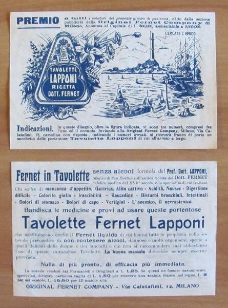 TAVOLETTE FERNET LAPPONI Concorso PREMIO - Pubblicitario anni 30 originale …