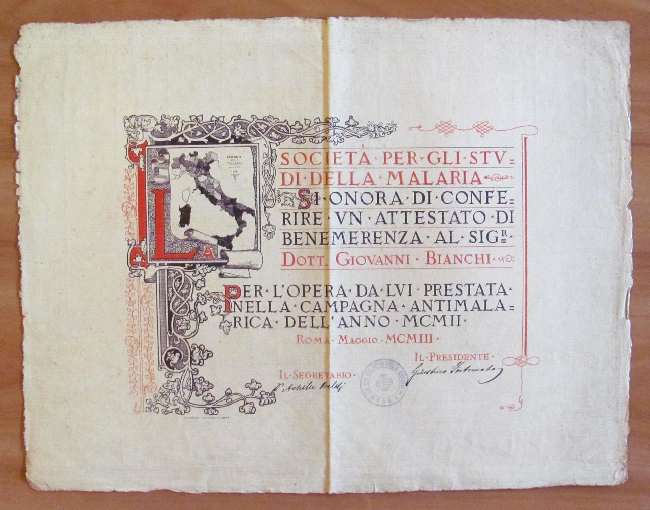 ATTESTATO DI BENEMERENZA CAMPAGNA ANTIMALARICA del 1903 - Lit. BATTISTI …