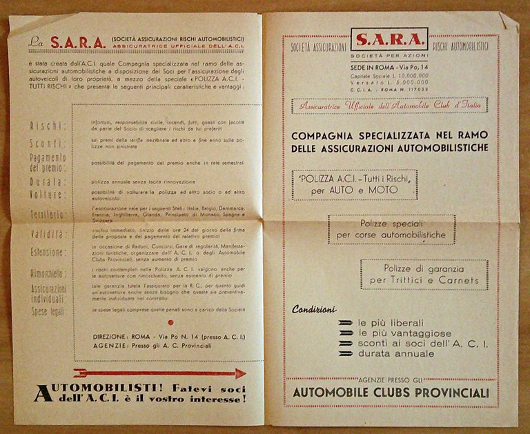 AUTOMOBILE CLUB D'ITALIA - Itinerari Stradali, 1949 con Depliant SARA …