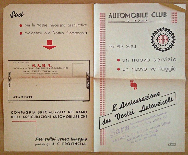 AUTOMOBILE CLUB D'ITALIA - Itinerari Stradali, 1949 con Depliant SARA …