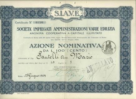 Azione Nominativa S.I.A.V.E.. Società Impiegati Amministrazione Varie Edilizia