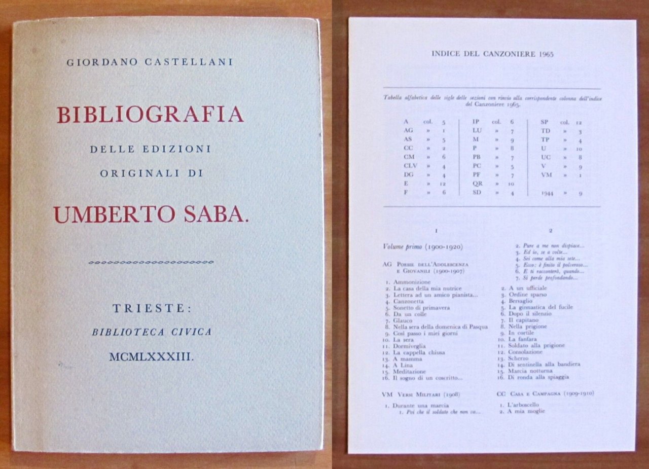 BIBLIOGRAFIA DELLE EDIZIONI ORIGINLI DI UMBERTO SABA - Con "Indice …
