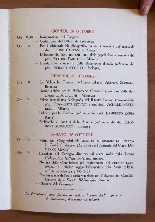 Brochure CONGRESSO BIBLIOGRAFICO IX Riunione della Soc. Bibliografica Italiana, 1911
