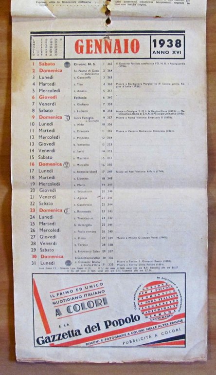 CALENDARIO PER LE FAMIGLIE 1938 - GAZZETTA DEL POPOLO