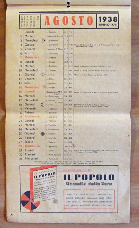 CALENDARIO PER LE FAMIGLIE 1938 - GAZZETTA DEL POPOLO