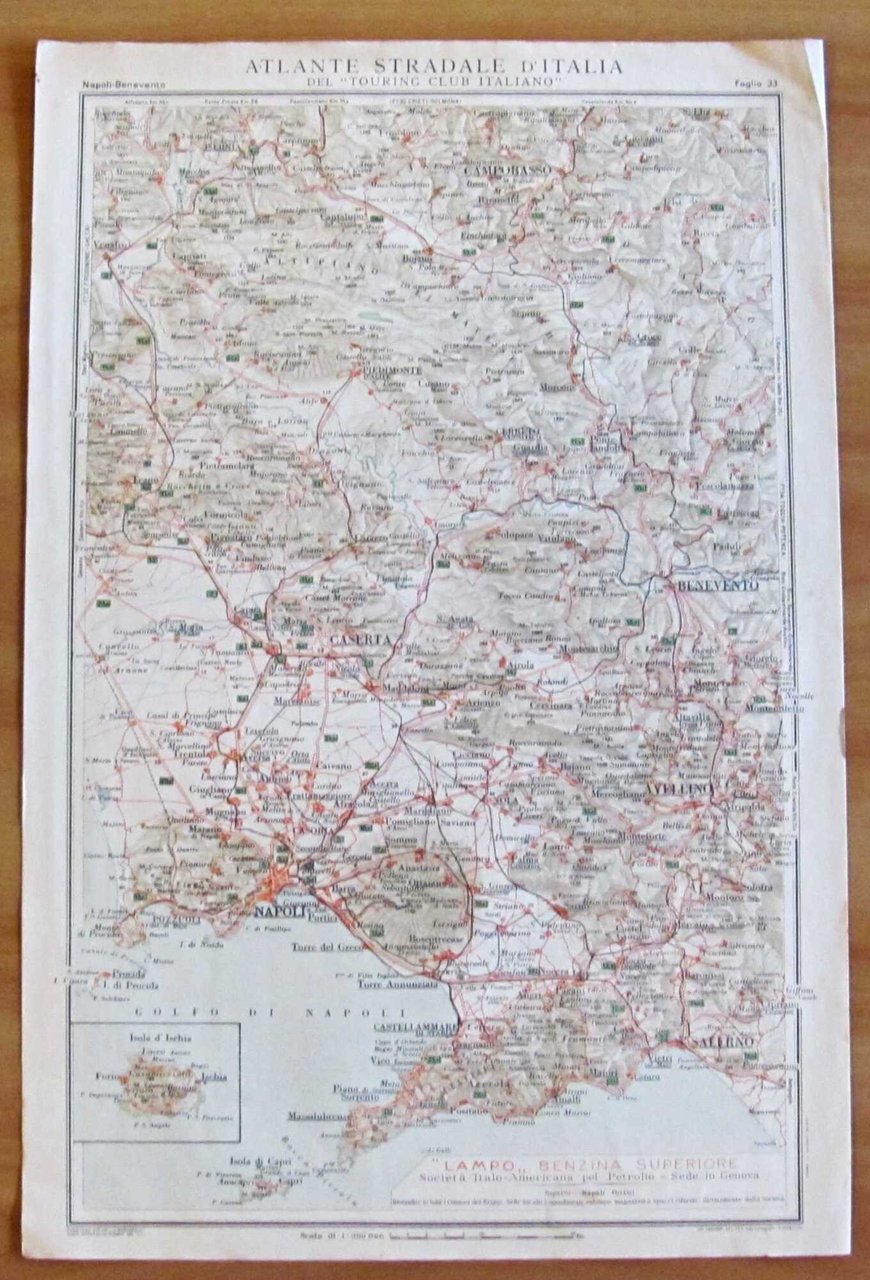 Cartina ATLANTE STRADALE Touring Club NAPOLI - BENEVENTO, 1924