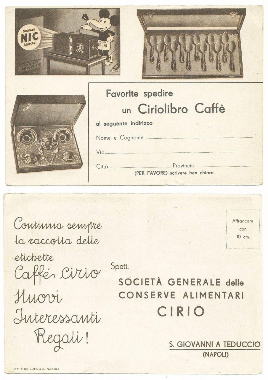 Cartolina Concorso CIRIO CAFFE' - TOPOLINO NIC