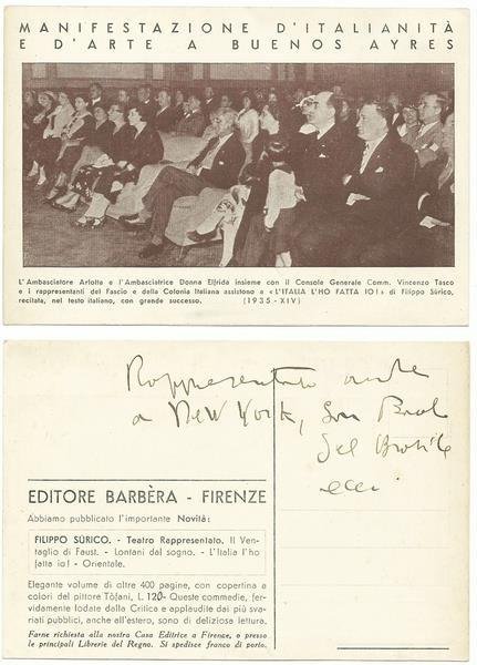 Cartolina Pubblicitaria Manifestazione D'Italianità E D'Arte A Buenos Ayres