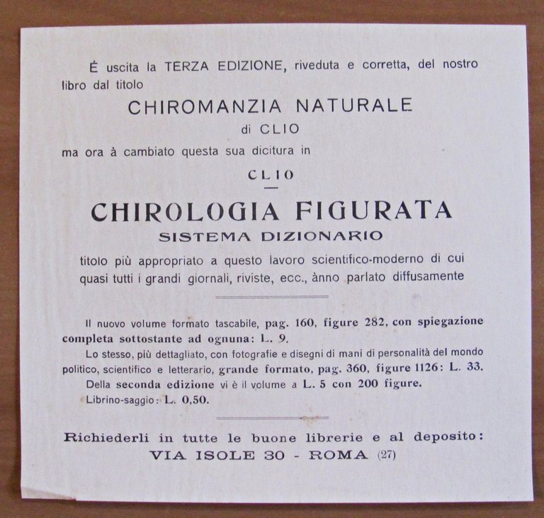CHIROLOGIA FIGURATA Sistema Dizionario, 1938 con Scheda Editoriale