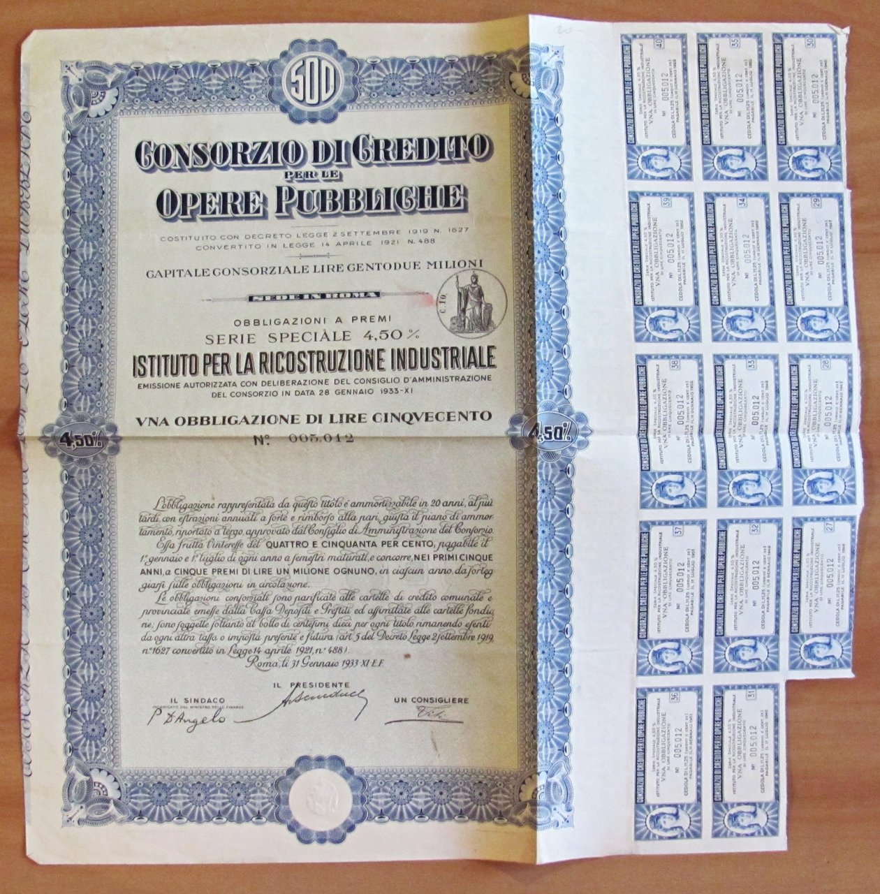 CONSORZIO DI CREDITO PER LE OPERE PUBBLICHE L. 500 N.005012, …