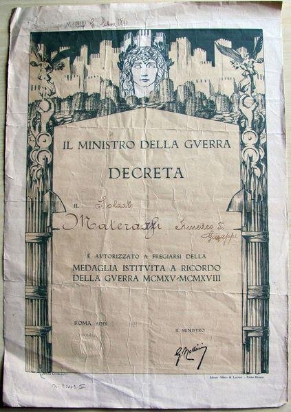 Decreto per Medaglia ricordo - 1921 - Duilio CAMBELLOTTI