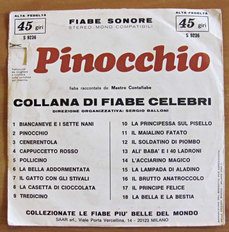 Disco 45" Fiabe Sonore PINOCCHIO Collana di Fiabe Celebri, anni …