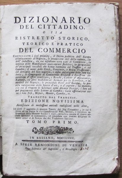 DIZIONARIO DEL CITTADINO O SIA RISTRETTO STORICO, TEORICO E PRATICO …