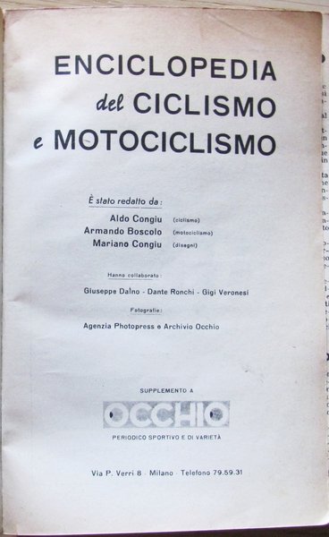 ENCICLOPEDIA DEL CICLISMO E MOTOCICLISMO, 1956 - Supplemento a Occhio