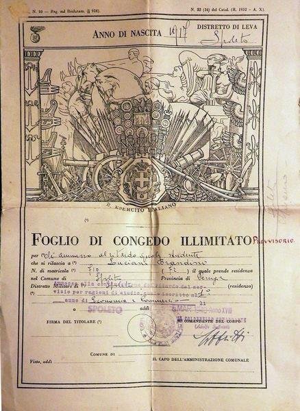 Foglio Di Congedo Illimitato ( Provvisorio). Fascismo