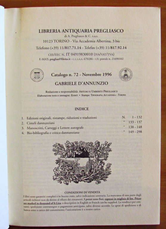 GABRIELE D'ANNUNZIO - Catalogo N.72 - Novembre 1996