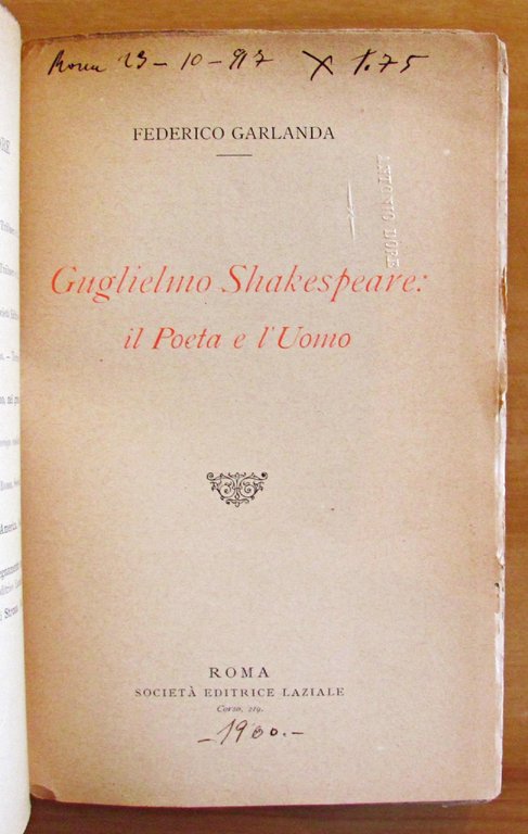 GUGLIELMO SHAKESPEARE IL POETA E L'UOMO - Collana BIBLIOTECA DELLA …