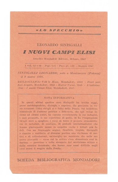 I NUOVI CAMPI ELISI - POESIE (1942 - 1946). Collana …