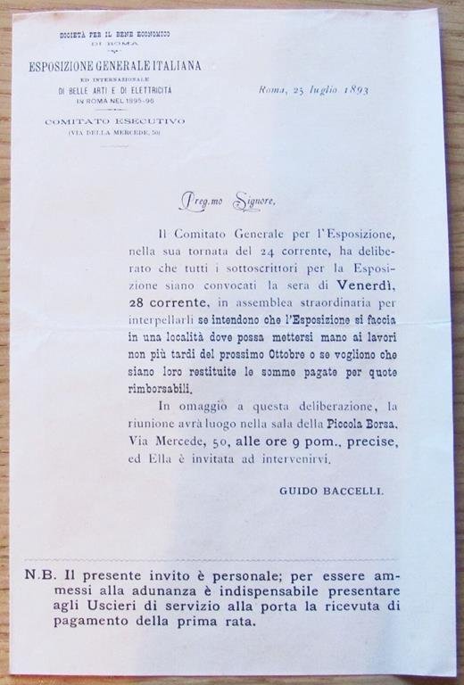 Invito Personale Esposizione Generale Italiana Di Belle Arti E Di …