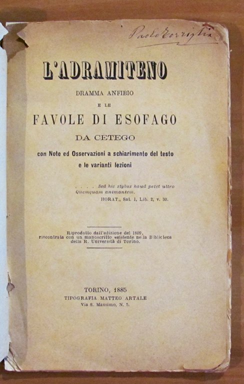 L'ADRAMITENO DRAMMA ANFIBIO e LE FAVOLE DI ESOFAGO DA CETEGO