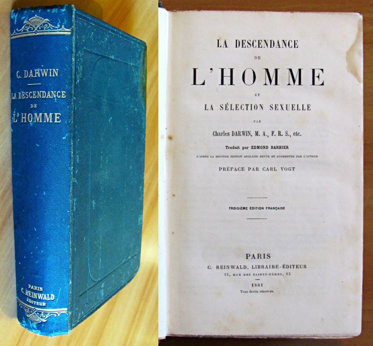 LA DESCENDANCE DE L'HOMME ET LA SELECTION SEXUELLE -TRADUIT PAR …
