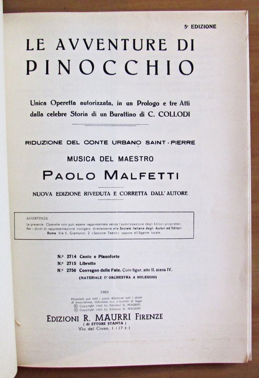 LE AVVENTURE DI PINOCCHIO - Operetta - Spartiti di MALFETTI
