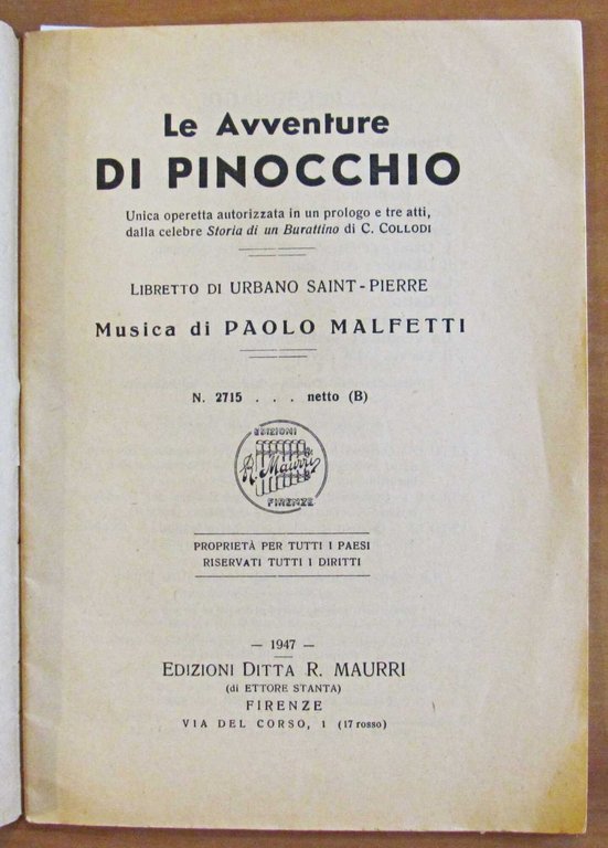LE AVVENTURE DI PINOCCHIO - Operetta, 1947 - Musiche di …