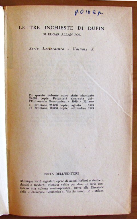 LE TRE INCHIESTE DI DUPIN - Collana UNIVERSALE ECONOMICA