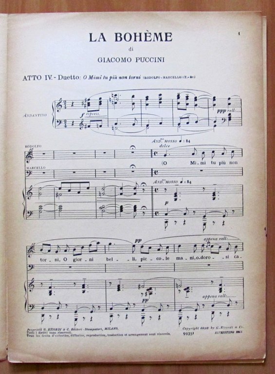 LOTTO DI 4 SPARTITI DI PUCCINI PER CANTO E PIANOFORTE …