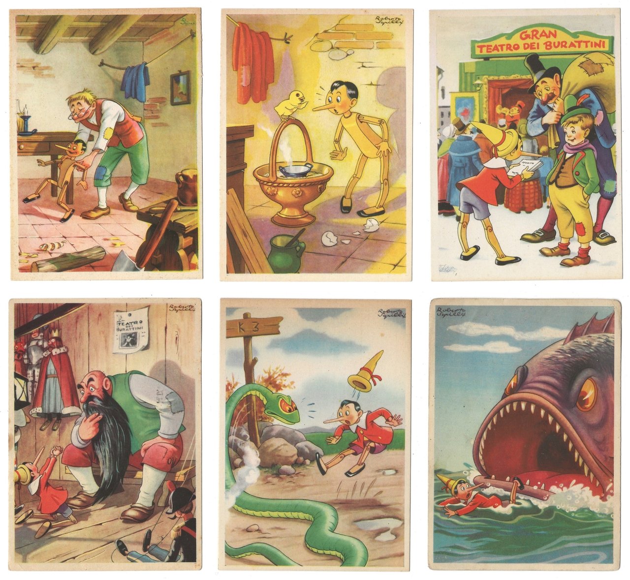 Lotto di 6 Cartoline di PINOCCHIO di Collodi, 1942 - …