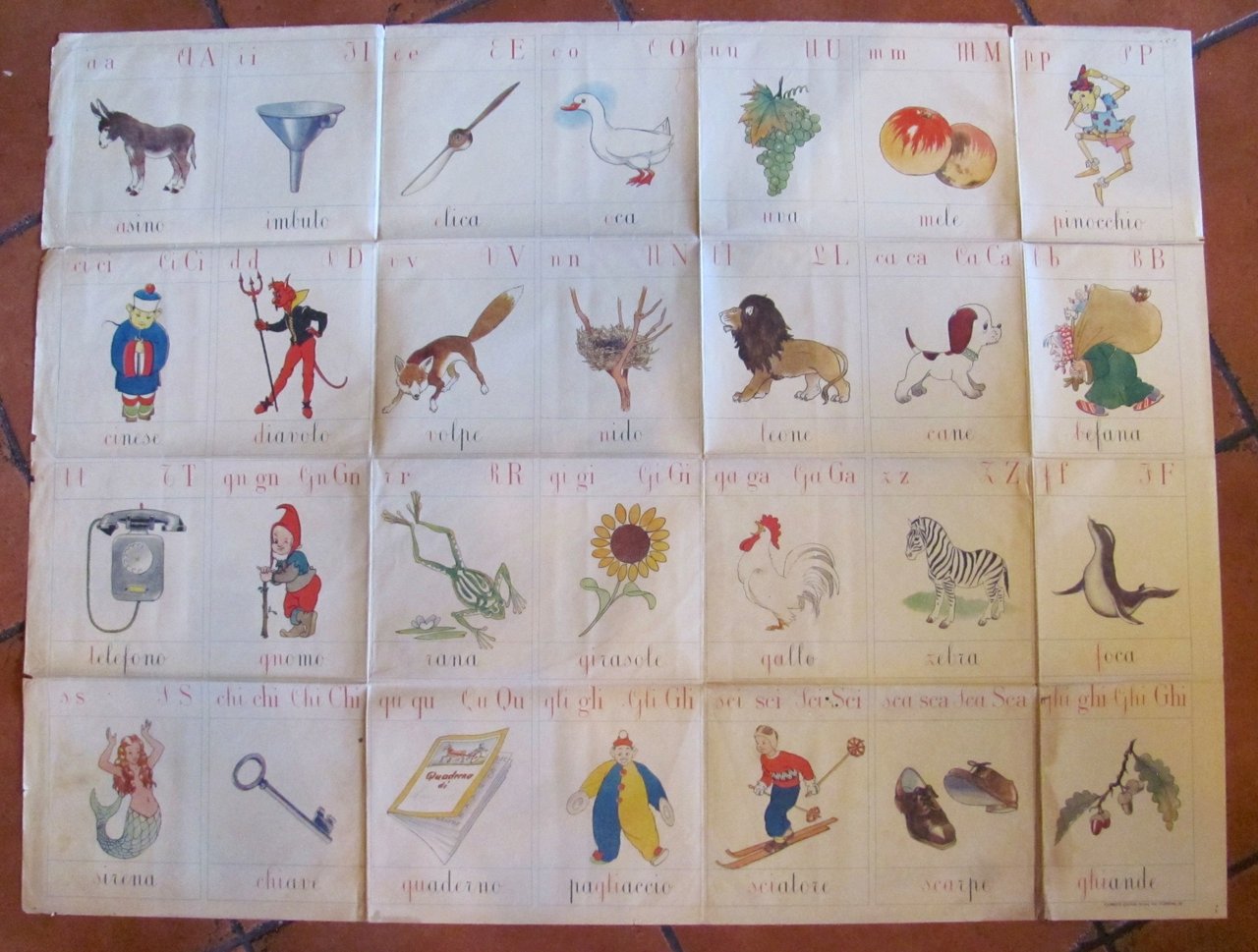 Manifesto Scolastico ABBECEDARIO, anni '40 - 107x82 con PINOCCHIO