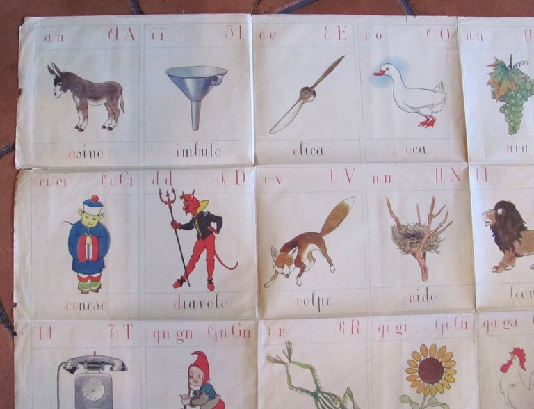 Manifesto Scolastico ABBECEDARIO, anni '40 - 107x82 con PINOCCHIO