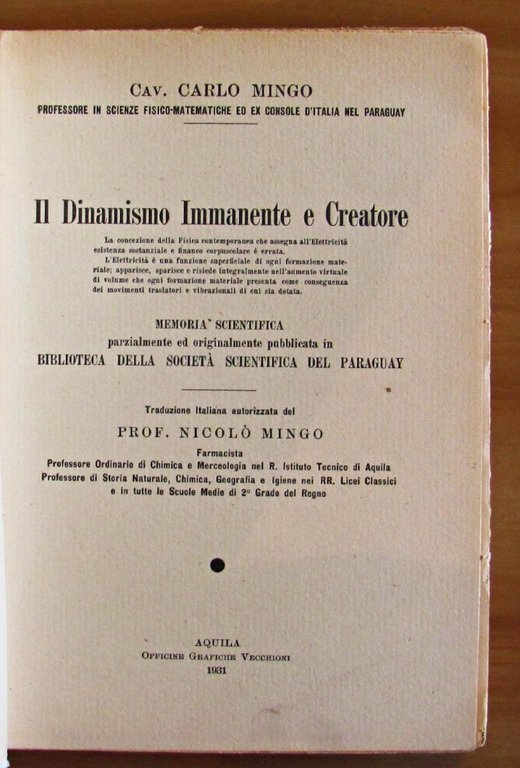 Manuale - Il Dinamismo Immanente E Creatore. Off. Graf. Vecchioni, …