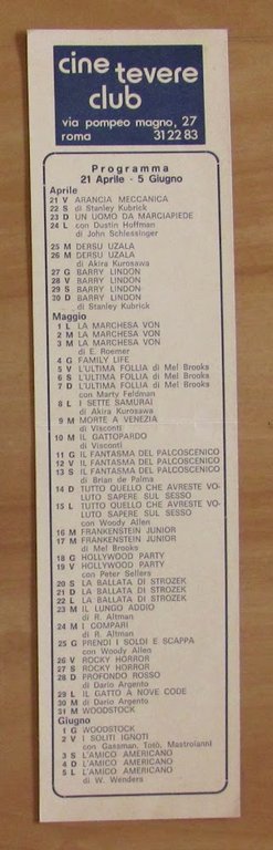 Programma Giornale Notiziario CINE CLUB TEVERE 1976/77 + Programma allegato …