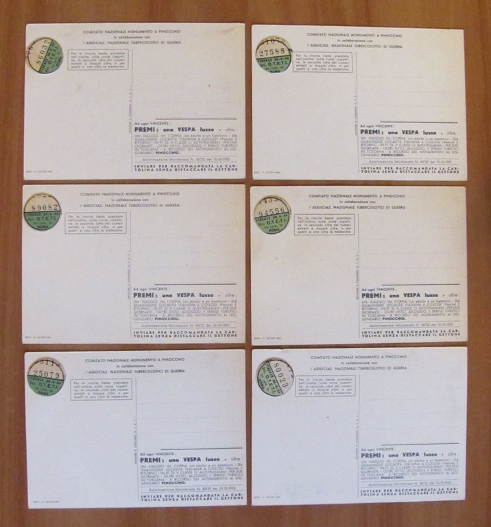 Serie Completa 6 Cartoline Concorso VESPA, 1952 - PINOCCHIO - …