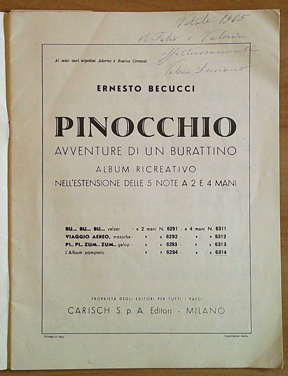 Spartito PINOCCHIO AVVENTURE DI UN BURATTINO, 1963 - Musiche di …