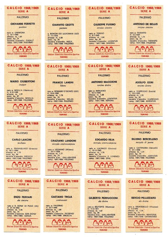 SQUADRA PALERMO - 16 FIGURINE CALCIATORI EDIS, 1968-69 - DA …
